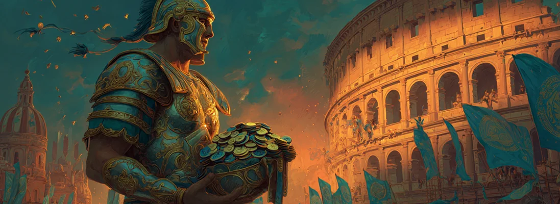 Soldat romain avec le Colisée derrière lui